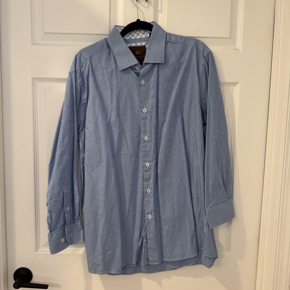 Mens Tattersall of London Blue Check Plaid Long Sleeve Dress Shirt Size 17 32/33